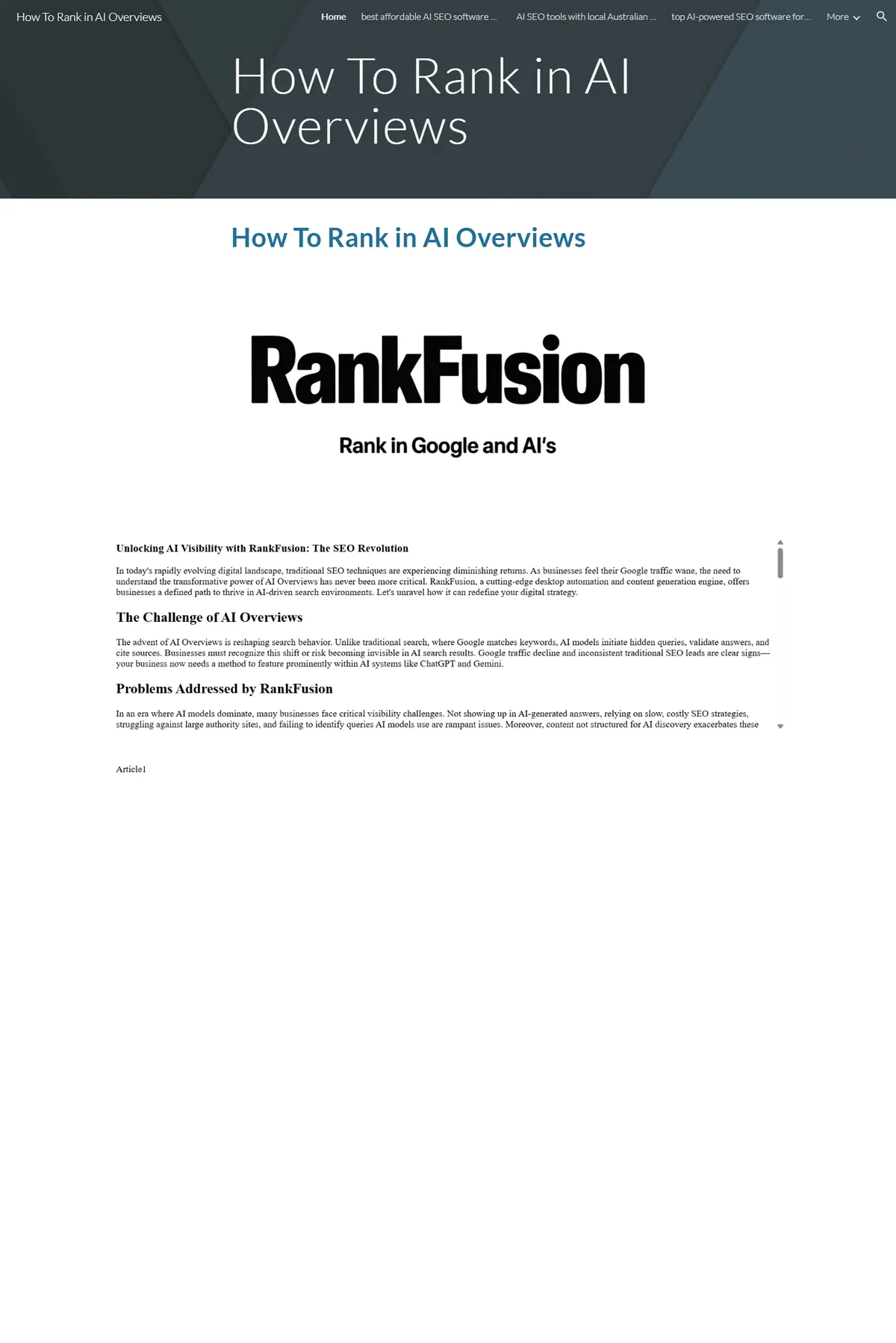 RankFusion page: title, logo, the article in a small scroll box, then a large empty box